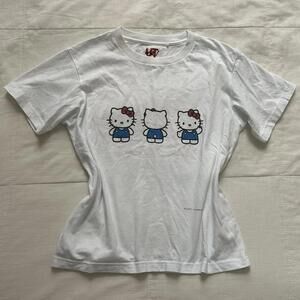 White Uniqlo Hello Kitty tee with blue accents